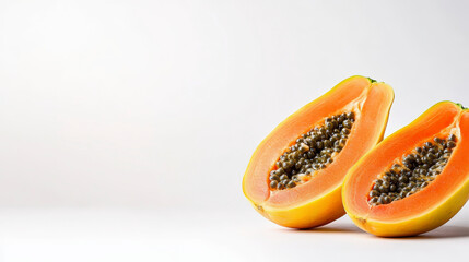 Two ripe papayas cut in half, showcasing their vibrant orange flesh and black seeds on a clean, white background.