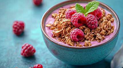 A delicious bowl of raspberry smoothie topped with granola and fresh raspberries, garnished with mint leaves, perfect for a healthy and refreshing snack.
