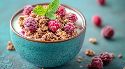 A bowl of yogurt topped with granola, frozen raspberries, and a sprig of mint, making for a refreshing, healthy breakfast or snack.