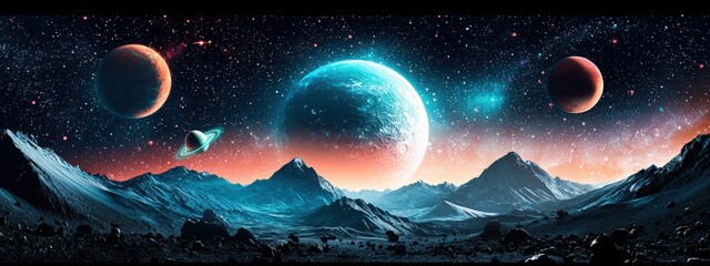 A large mural of a cosmic scene with stars and planets on a city wall