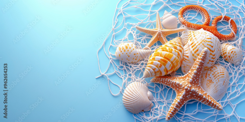 Poster a collection of various seashells and starfish arranged on a light blue background, complemented by 