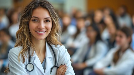 female doctor or nurse exuding confidence and cheerfulness, standing in the front row of a medical seminar or training class, in a professional setting