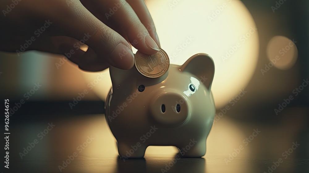 Wall mural A hand places a coin into a piggy bank, symbolizing saving and financial planning.