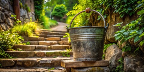 Fototapeta premium Rustic metal water pail with wooden handle and dents, placed on a worn stone step amidst lush greenery, evoking a sense of rural simplicity.