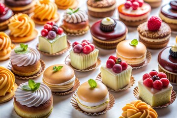 Assortment of colorful pastries and desserts in various shapes and sizes