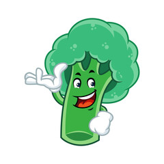 Happy and healthy cartoon broccoli mascot character waving with a smile. Perfect for food and health promotions.