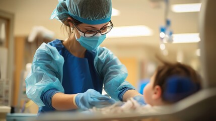 A healthcare professional treats a child in a medical setting, emphasizing care and safety.