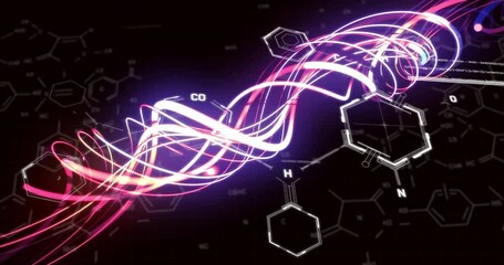 Animation of scientific data processing and light trails over dark background