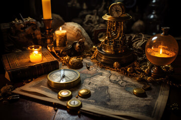 Antique Compass and Old Map Illuminated by Candlelight