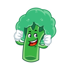 Cute and happy cartoon broccoli mascot character flexing its muscles, promoting healthy eating habits.