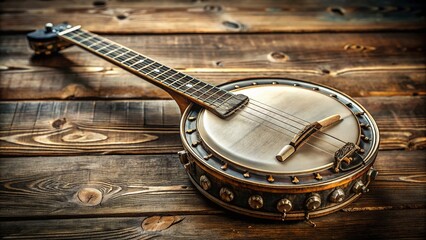 Rustic wooden banjo guitar with intricate string patterns and metal resonator, placed on a vintage wooden table, evoking a sense of traditional Americana folk music.