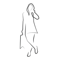 minimalist line shopping woman.simple line art drawing of woman standing with shopping bags.shopping discount.line vector illustration