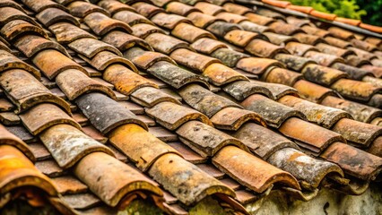 A rustic roof covered with weathered terracotta tiles.
