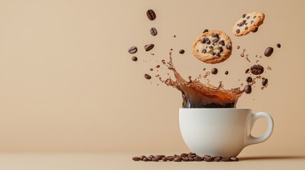 A coffee cup splashing as chocolate chip cookies and coffee beans hover above, creating a playful, dynamic scene on a beige background. Fun coffee break concept.