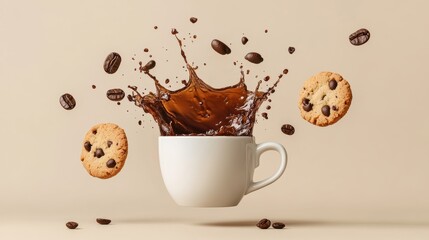 A coffee cup splashing as chocolate chip cookies and coffee beans hover above, creating a playful, dynamic scene on a beige background. Fun coffee break concept.
