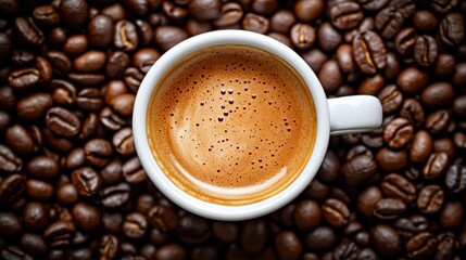 A cup of freshly brewed coffee surrounded by coffee beans, offering a close-up of frothy crema and rich aroma. Morning coffee energy concept.