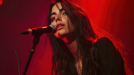 Young female musician singing into a microphone while performing on stage, creating a moody, emotional atmosphere. Indie music performance concept.