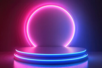 Creative concept 3d neon light discount podium product display with generative ai