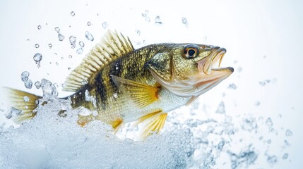 A perch fish breaking through the water surface with droplets frozen in mid-air, on a white backdrop.