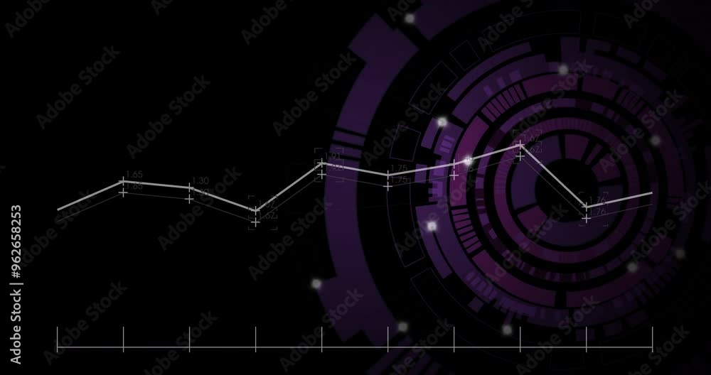 Poster line graph with data points over abstract purple and black circular animation