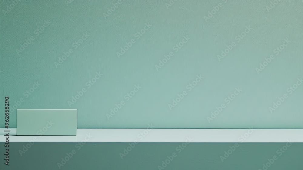Poster A minimalist scene featuring a simple rectangular object on a shelf against a soft green wall.