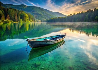 A serene lake scene with a boat at sunrise.