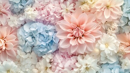 A repeating pattern of large, soft pastel flowers, including hydrangeas and dahlias, ideal for elegant backgrounds.