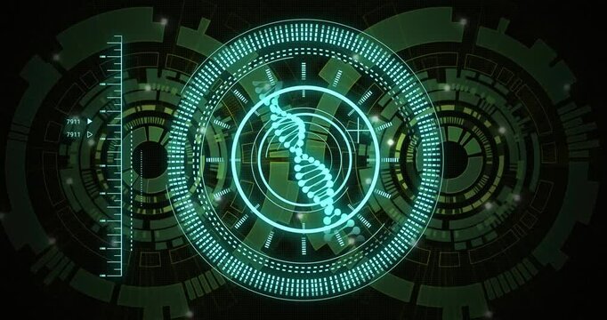 DNA strand and digital interface, scientific data processing animation