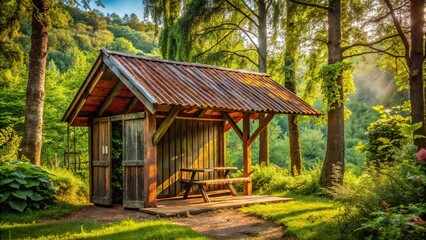 Rustic wooden lean-to shelter with corrugated metal roof, nestled among trees, surrounded by lush greenery, evoking a sense of serenity and rustic charm.