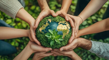 group of business people with green and eco-friendly hands embracing a globe, committed to protecting the planet and celebrating Earth Day, focusing on responsibility for the environment