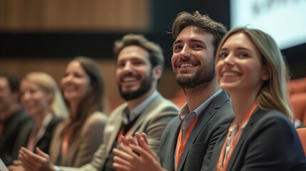 Obraz premium business professionals in formal wear attending a seminar with a large presentation for a company shareholder annual meeting in a conference hall