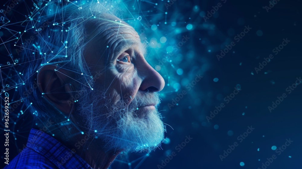 Poster close-up of an elderly man with a futuristic ai neural network overlay. the blue digital elements su