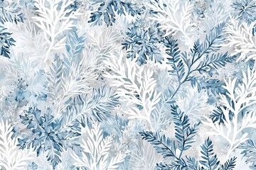 A delicate pattern of frosty leaves in shades of blue and white, creating a serene and elegant winter atmosphere perfect for seasonal designs.