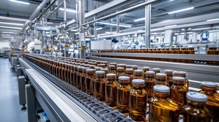 A modern industrial facility with a production line for amber glass bottles.