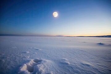 A snowy landscape under a bright full moon.