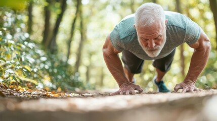 Older man doing pushups on a forest trail, outdoor workout, senior pushups, functional fitness