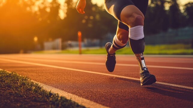 Athlete with a prosthetic leg sprinting on a track, representing freedom and the spirit of Paralympic sports.