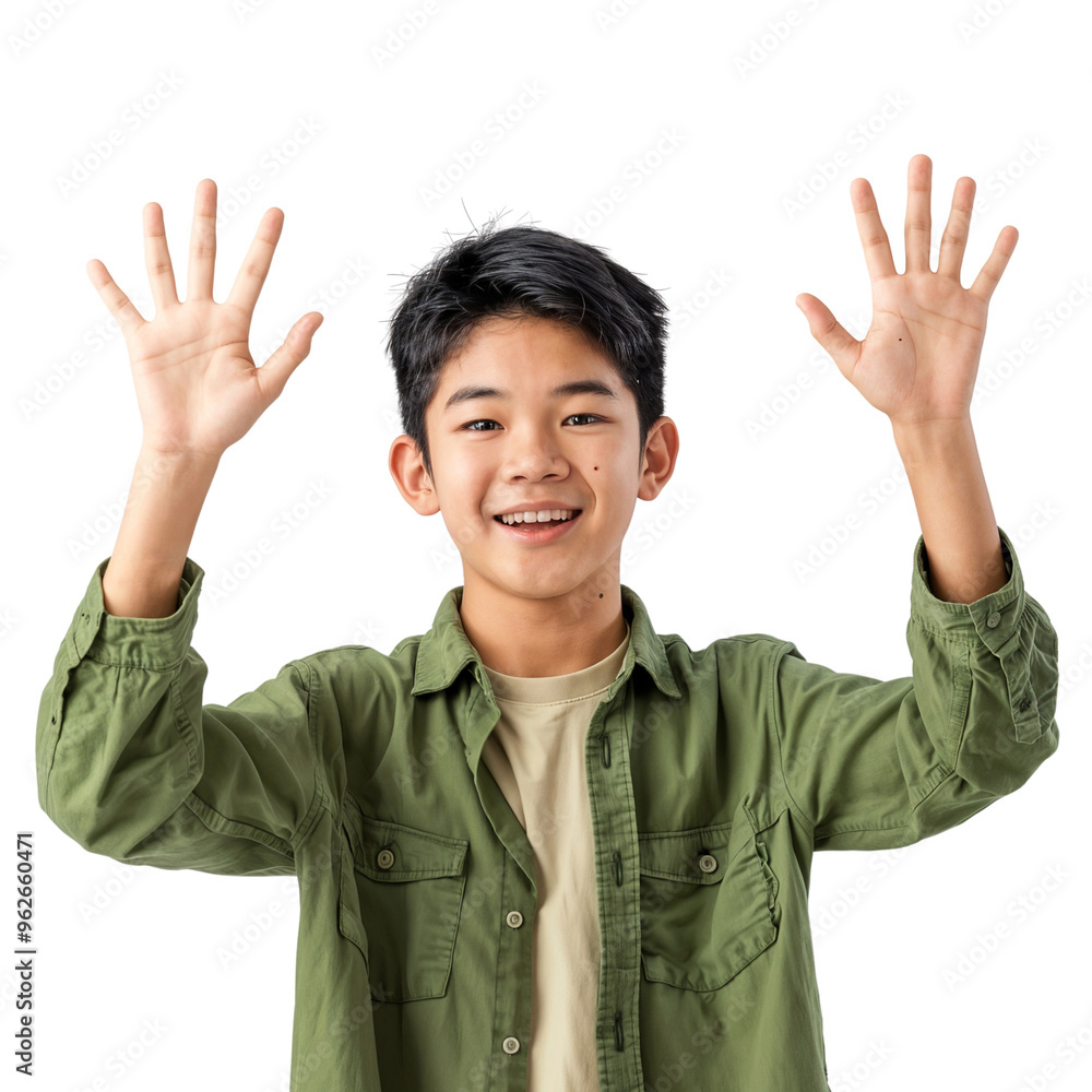 Poster portrait of a smiling boy cheering with raised hands, isolated on white background