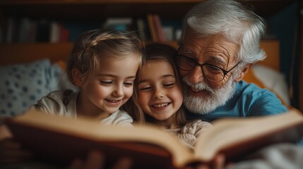 happy grandparent and nephew girl reading a book together in the bedroom having fun laughing and bonding during a peaceful and joyful family moment