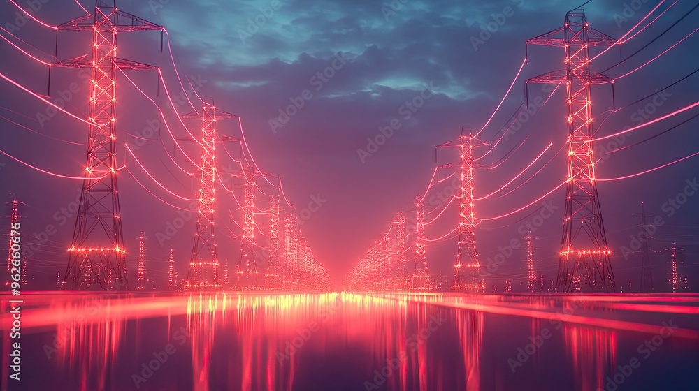 Aufkleber digital energy infrastructure of the future, represented by glowing nodes and flowing energy lines c