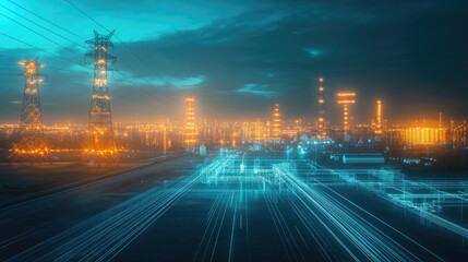 Digital energy infrastructure of the future, represented by glowing nodes and flowing energy lines connecting a high-tech energy network.