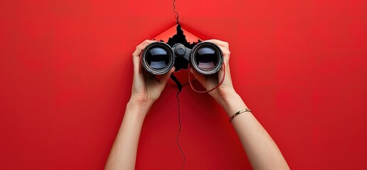 A pair of hands hold binoculars up to a ripped red background, creating a sense of searching for something beyond the visible.  