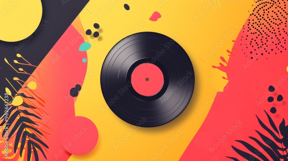 Aufkleber a vinyl record lies on a colorful abstract background with vibrant shapes and patterns. this image e