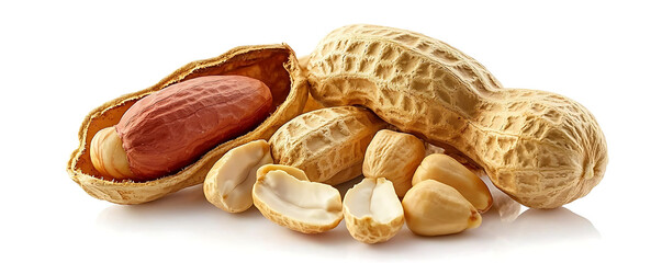 A collection of whole peanuts in their shells and a few without shells, arranged on a white background