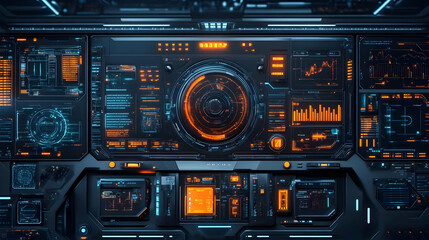 Futuristic Interface with Glowing Blue and Orange Lights 3D Illustration