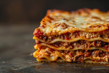 A slice of classic Italian lasagna with layers of pasta, meat, and cheese,