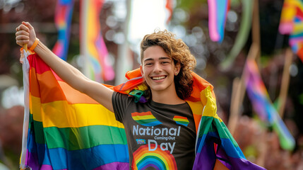 Joyful participant holding a rainbow flag at a National Coming Out Day calabration.