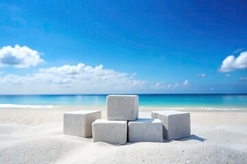Fototapeta premium A serene beach scene with white sand and blue sky.