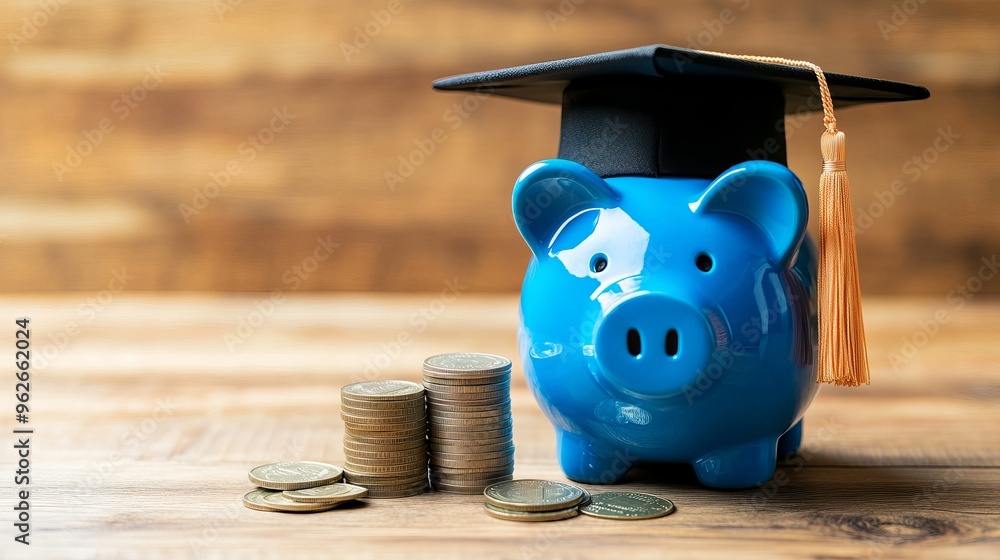 Poster a blue piggy bank with a graduation hat placed next to a stack of coins on a wooden background repre
