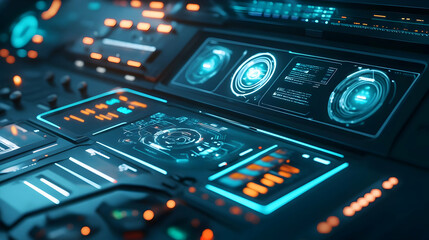 Obraz premium Futuristic Control Panel with Blue and Orange Lights 3D Illustration